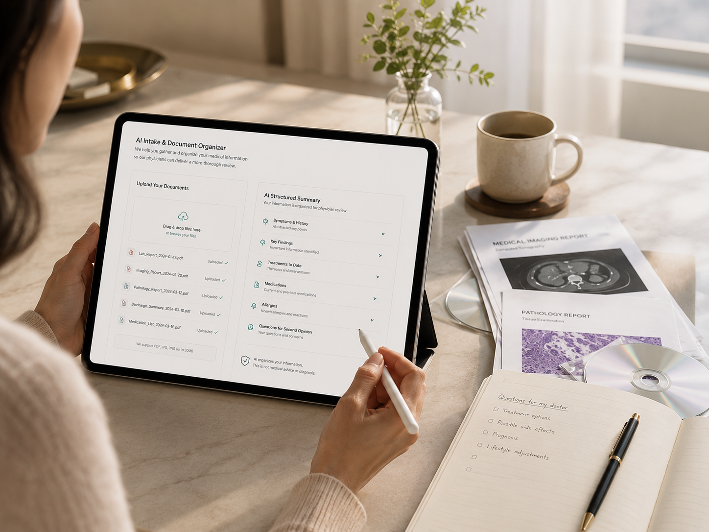 Patient using an AI intake and document organizer on a tablet